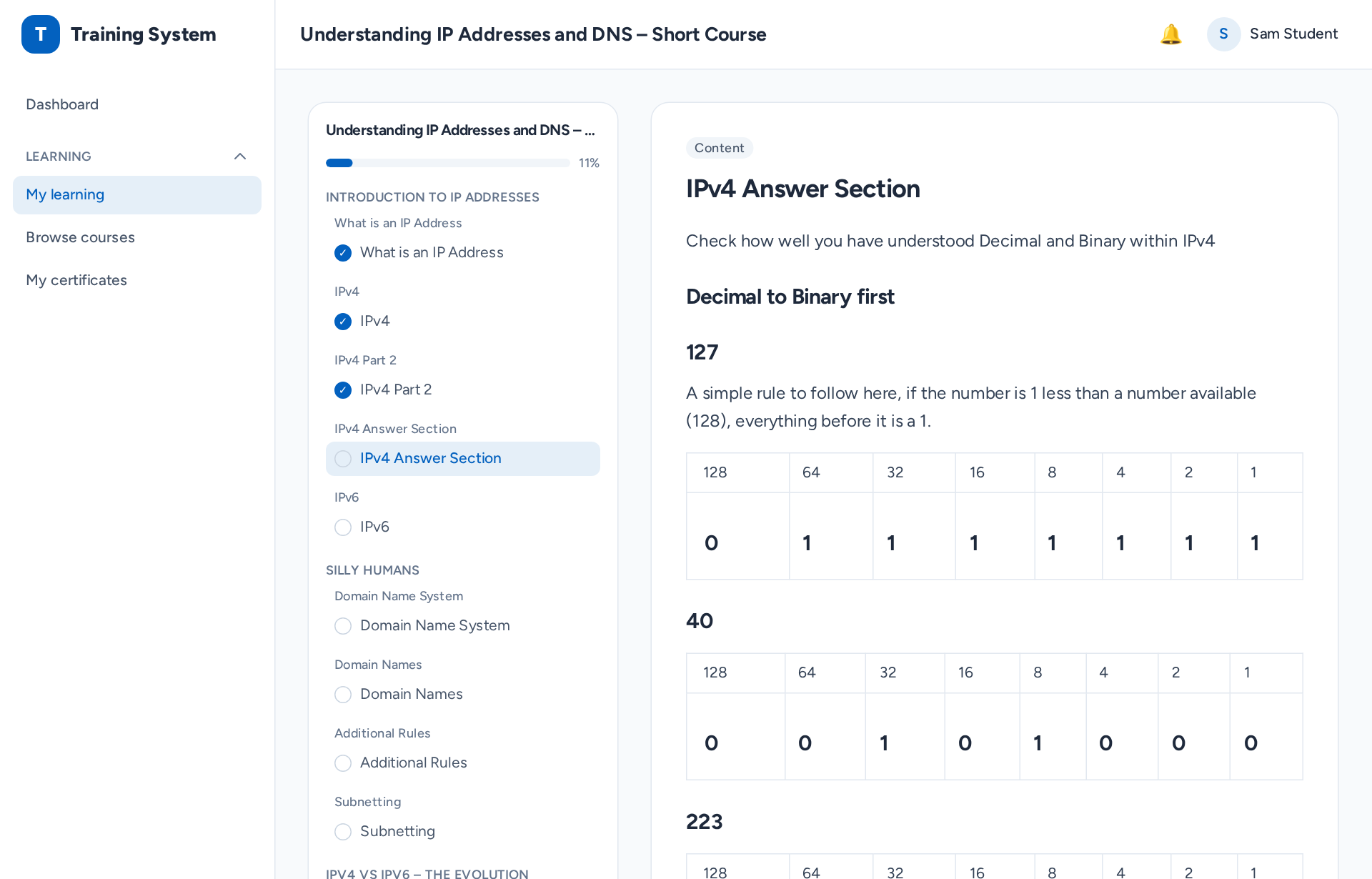The learning experience — a lesson playing with progress and content